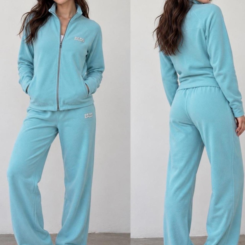 Bebe Sport Women's Fleece Track Suit Jacket Pants Set Aqua Blue Large USA
